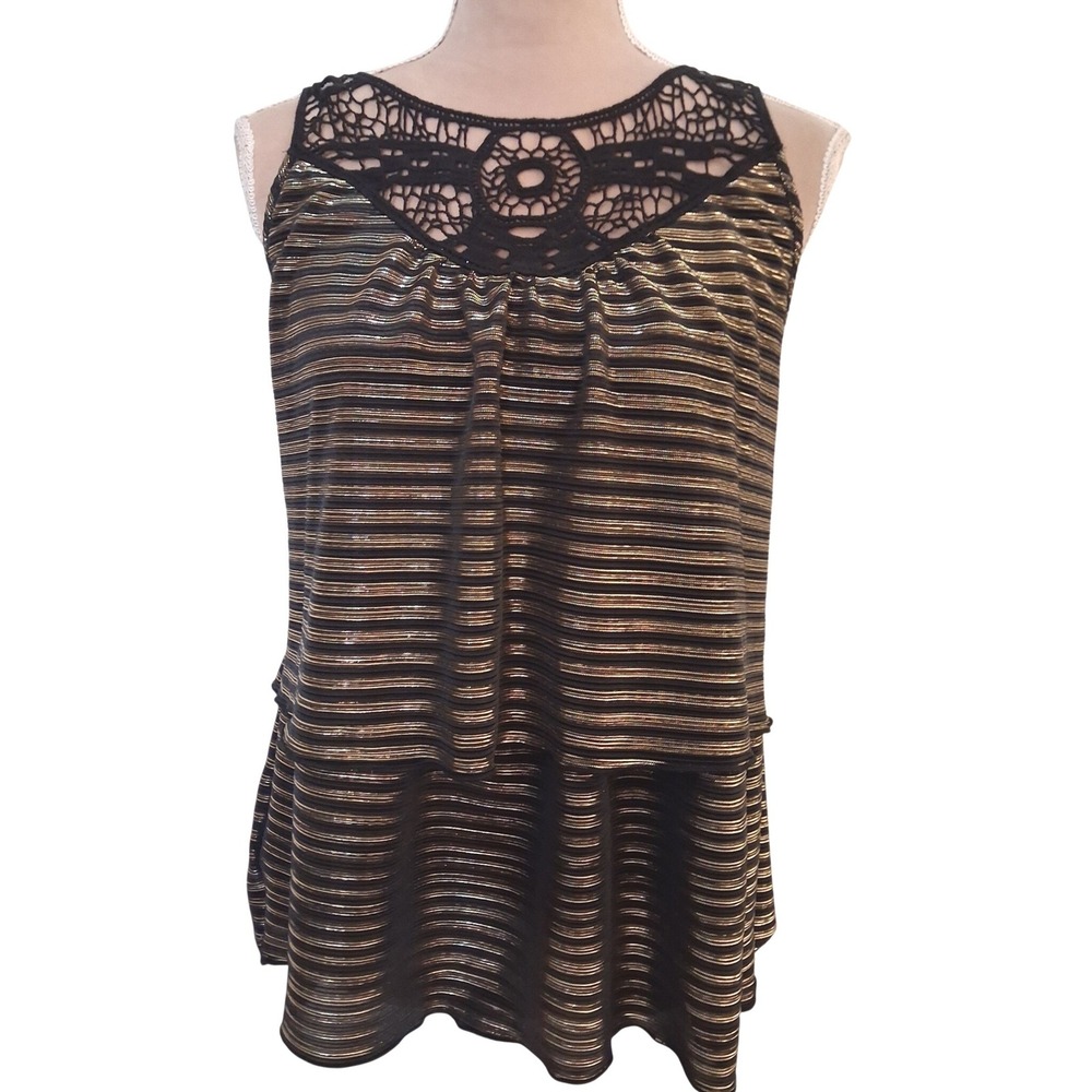 Signature Studio Women Gold Black Metallic Striped Crochet Lace Tiered Top Large